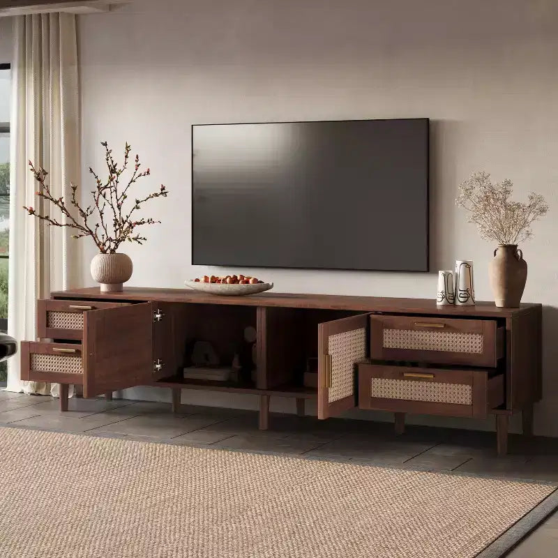 Mobile TV 78 pollici per TV fino a 85 pollici, Consolle multimediale con 4 cassetti e ante in rattan, Moderno centro di intrattenimento, Noce