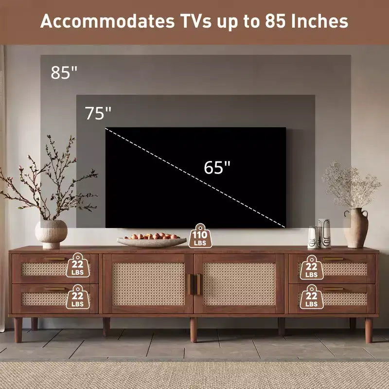 Mobile TV 78 pollici per TV fino a 85 pollici, Consolle multimediale con 4 cassetti e ante in rattan, Moderno centro di intrattenimento, Noce