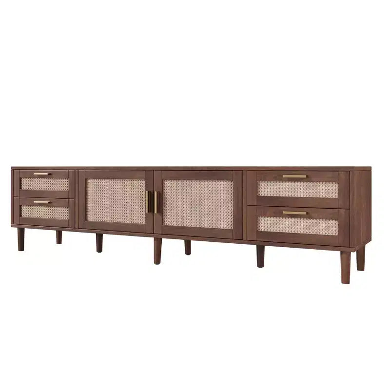Mobile TV 78 pollici per TV fino a 85 pollici, Consolle multimediale con 4 cassetti e ante in rattan, Moderno centro di intrattenimento, Noce