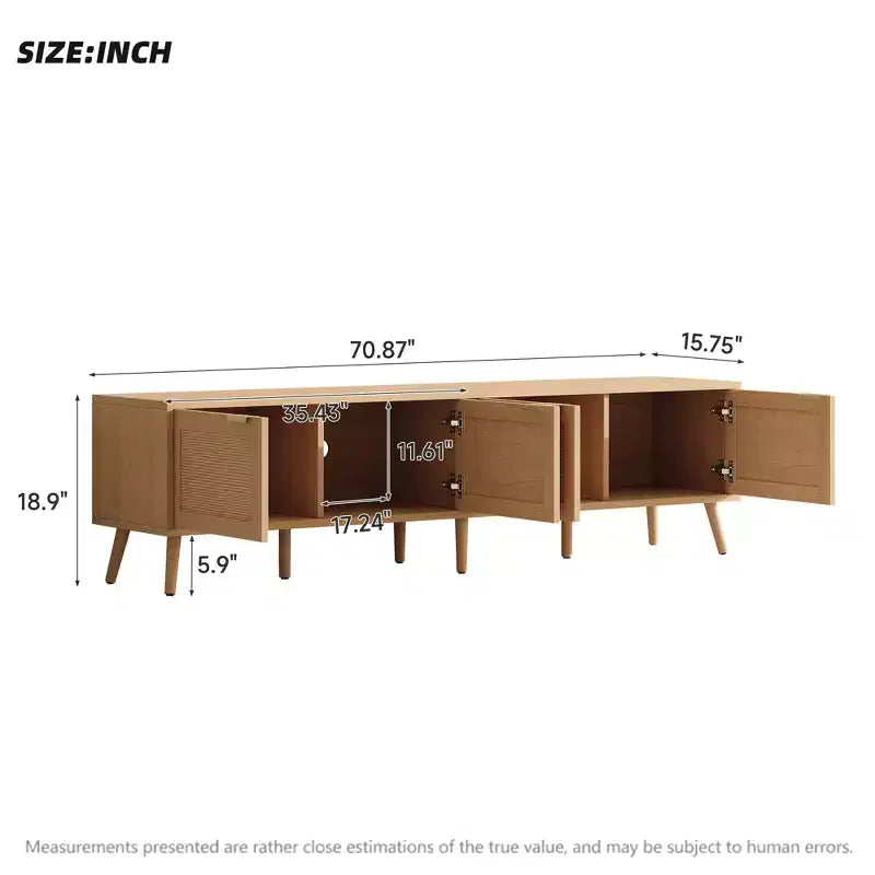 Mobile porta TV moderno da 70 pollici con ante in rattan per TV fino a 80 pollici, mobile console per dispositivi multimediali con spazio di archiviazione e fori passacavi, centro di intrattenimento per soggiorno