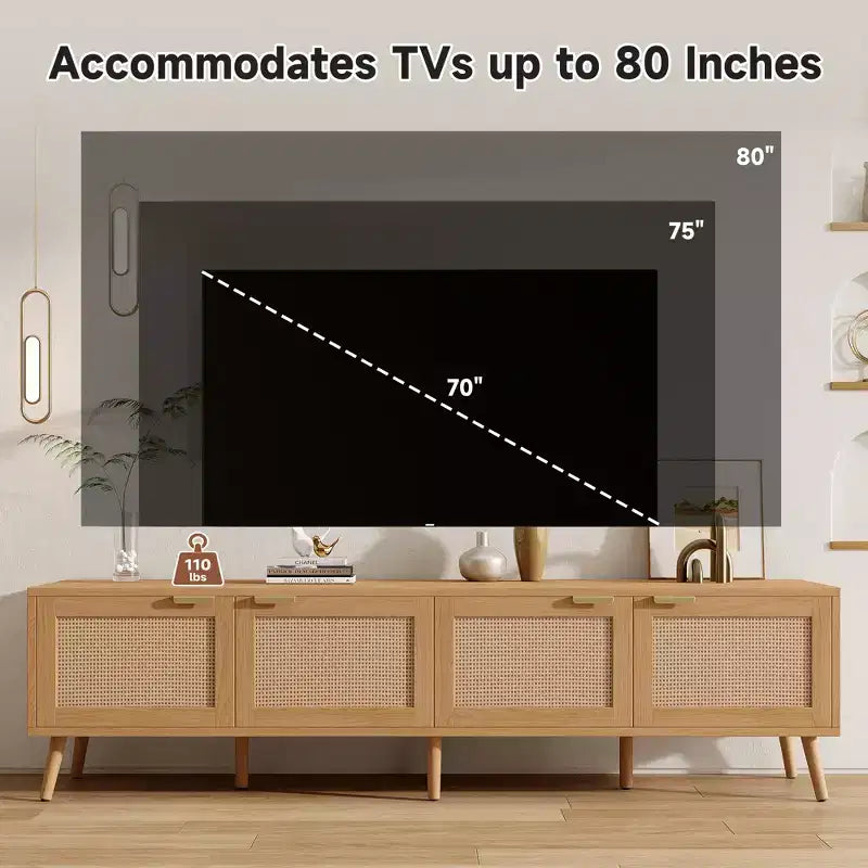 Mobile porta TV moderno da 70 pollici con ante in rattan per TV fino a 80 pollici, mobile console per dispositivi multimediali con spazio di archiviazione e fori passacavi, centro di intrattenimento per soggiorno