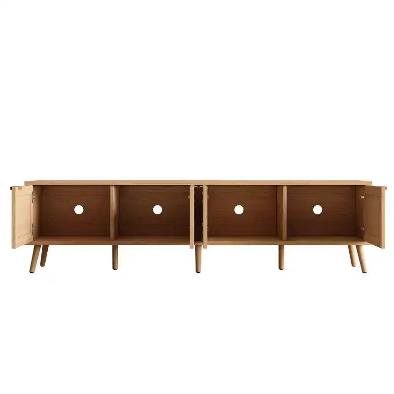 Mobile porta TV moderno da 70 pollici con ante in rattan per TV fino a 80 pollici, mobile console per dispositivi multimediali con spazio di archiviazione e fori passacavi, centro di intrattenimento per soggiorno