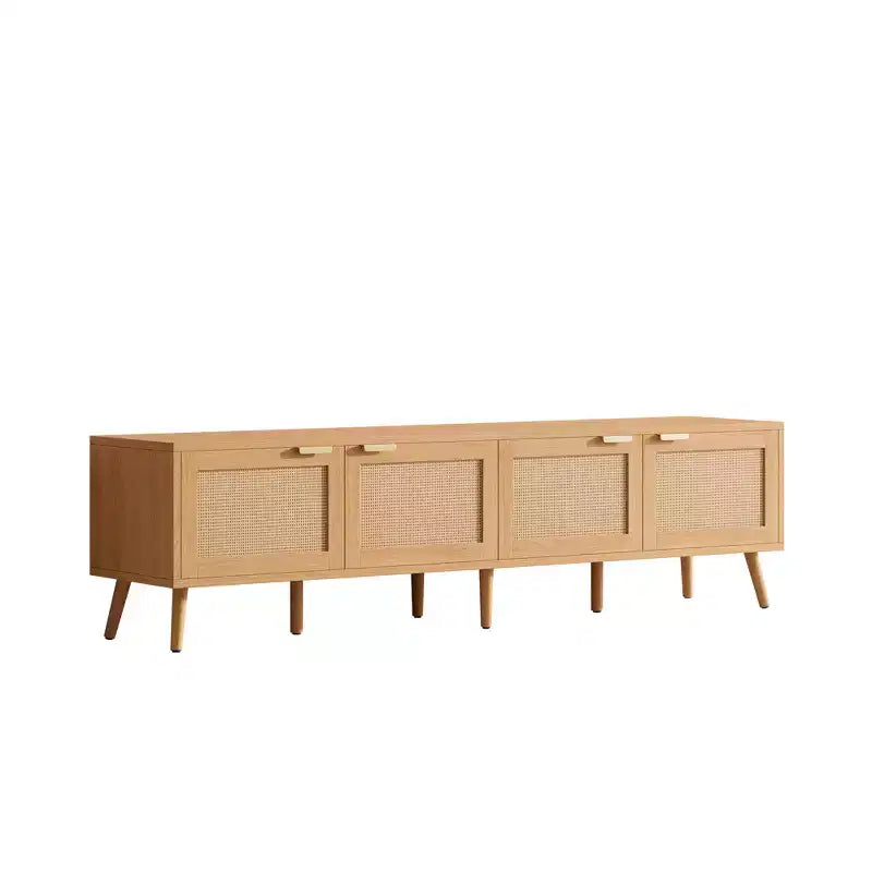 Mobile porta TV moderno da 70 pollici con ante in rattan per TV fino a 80 pollici, mobile console per dispositivi multimediali con spazio di archiviazione e fori passacavi, centro di intrattenimento per soggiorno