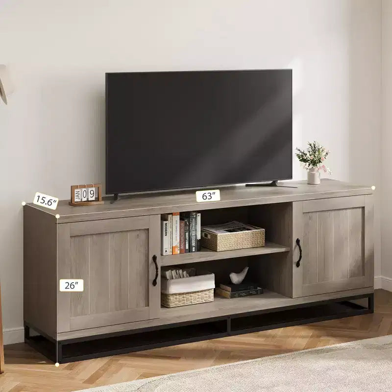 Mobile TV Mid Century Modern da 63" per TV fino a 80", Consolle Multimediale con Ante Push-Open, Scaffali Aperti