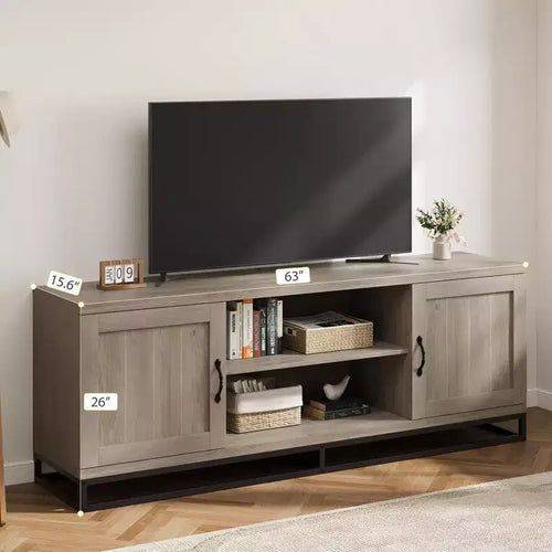 Mobile TV Mid Century Modern da 63" per TV fino a 80", Consolle Multimediale con Ante Push-Open, Scaffali Aperti