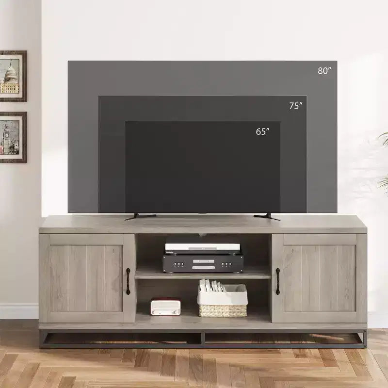 Mobile TV Mid Century Modern da 63" per TV fino a 80", Consolle Multimediale con Ante Push-Open, Scaffali Aperti