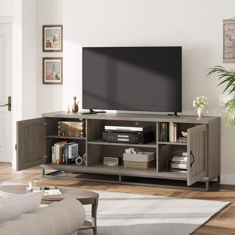 Mobile TV Mid Century Modern da 63" per TV fino a 80", Consolle Multimediale con Ante Push-Open, Scaffali Aperti