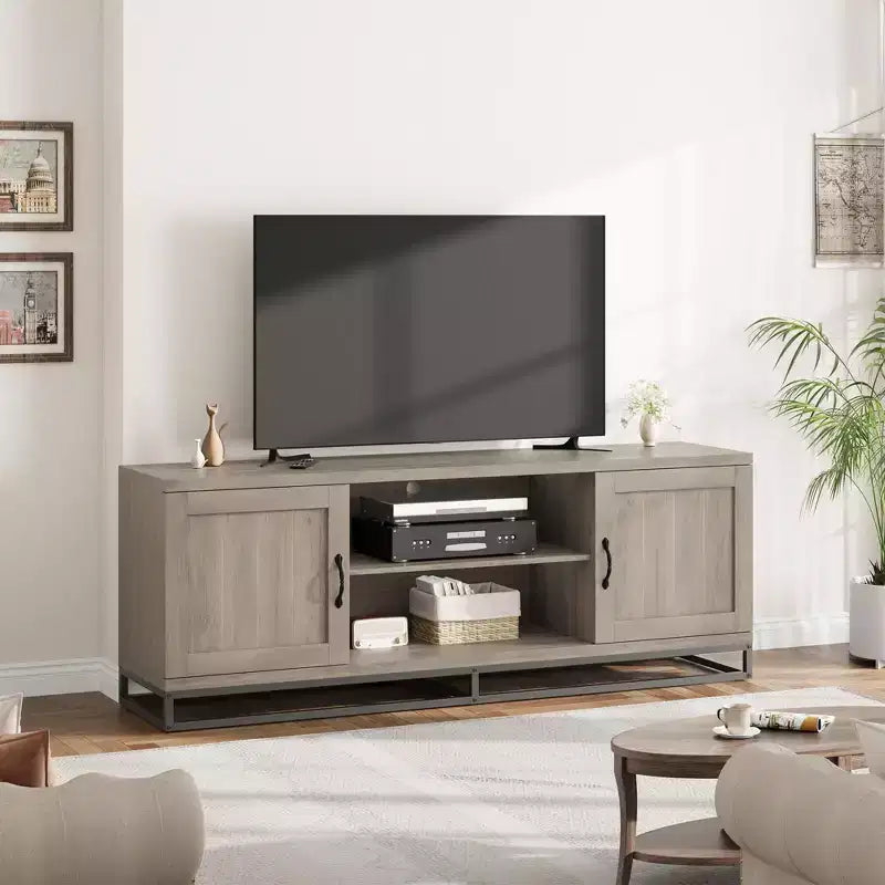 Mobile TV Mid Century Modern da 63" per TV fino a 80", Consolle Multimediale con Ante Push-Open, Scaffali Aperti
