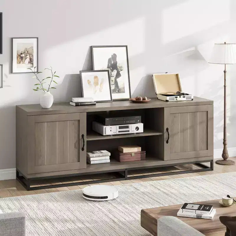 Mobile TV Mid Century Modern da 63" per TV fino a 80", Consolle Multimediale con Ante Push-Open, Scaffali Aperti
