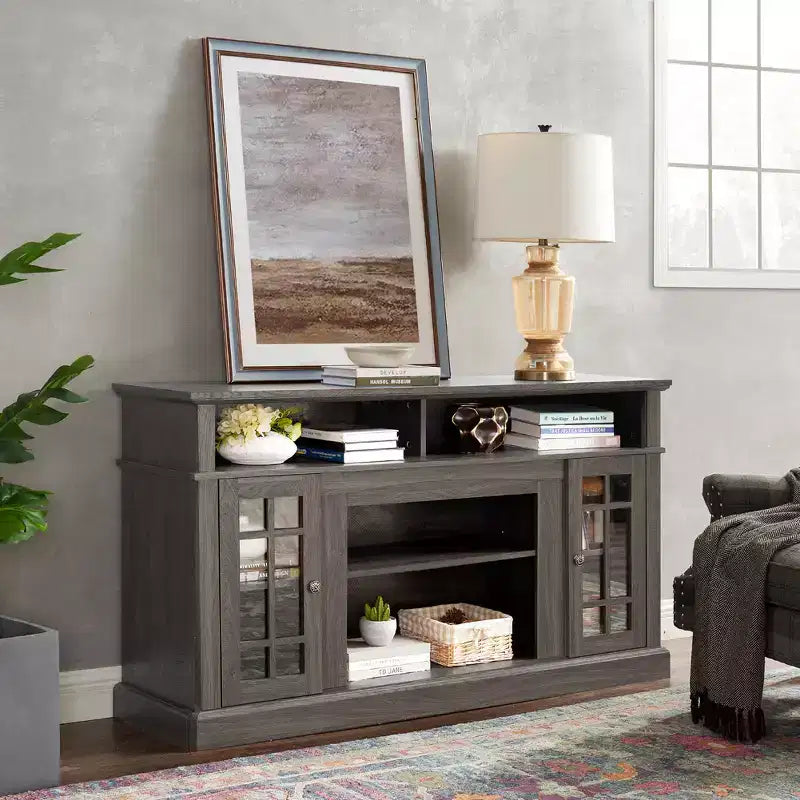 Mobile Porta TV Moderno, Tavolo Console per Intrattenimento Multimediale, con Armadietti Chiusi, Anta in Vetro e Ripiani Aperti, per Soggiorno