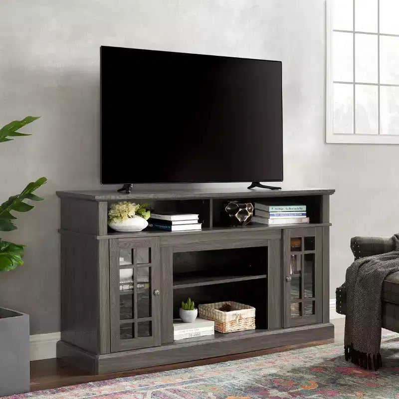 Mobile Porta TV Moderno, Tavolo Console per Intrattenimento Multimediale, con Armadietti Chiusi, Anta in Vetro e Ripiani Aperti, per Soggiorno