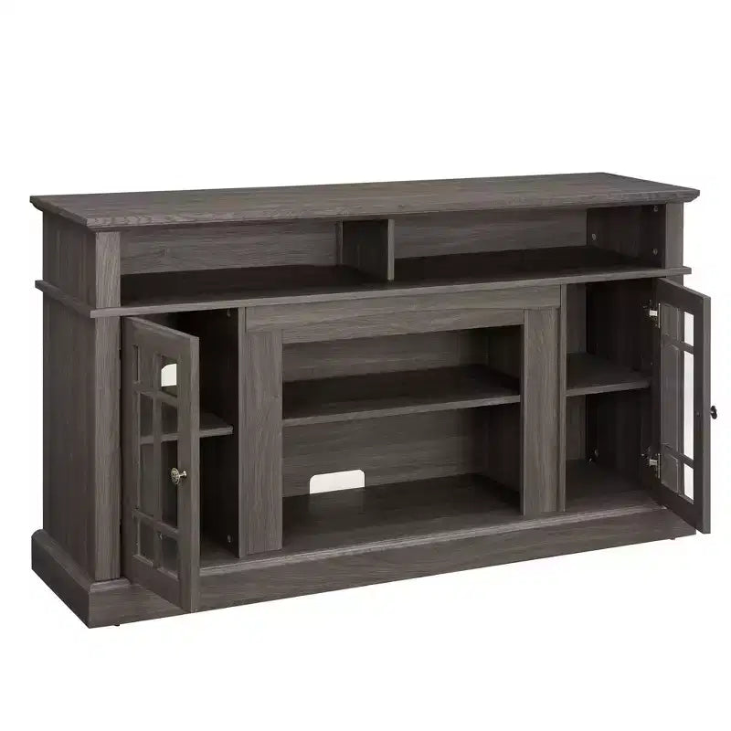 Mobile Porta TV Moderno, Tavolo Console per Intrattenimento Multimediale, con Armadietti Chiusi, Anta in Vetro e Ripiani Aperti, per Soggiorno
