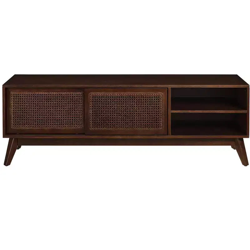 Mobile TV in Rattan Mid-Century Modern da 59 pollici per TV da 65 pollici, Mobile Console Multimediale con Gambe in Legno Massello e Ante in Rattan - Legno Scuro