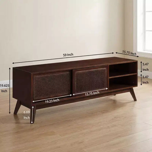 Mobile TV in Rattan Mid-Century Modern da 59 pollici per TV da 65 pollici, Mobile Console Multimediale con Gambe in Legno Massello e Ante in Rattan - Legno Scuro