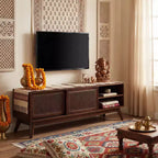 Mobile TV in Rattan Mid-Century Modern da 59 pollici per TV da 65 pollici, Mobile Console Multimediale con Gambe in Legno Massello e Ante in Rattan - Legno Scuro