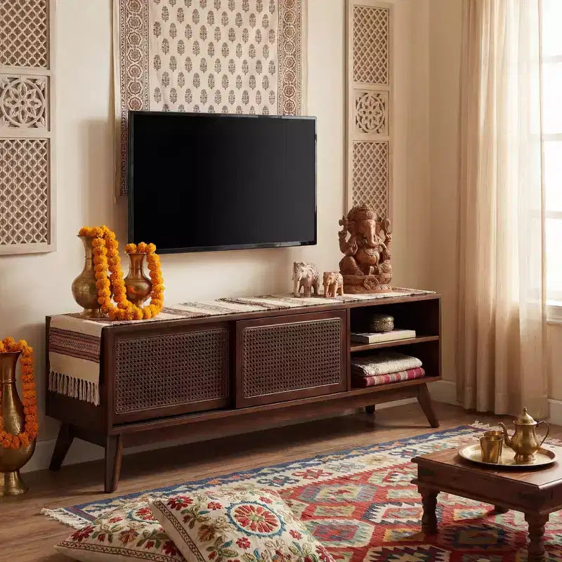 Mobile TV in Rattan Mid-Century Modern da 59 pollici per TV da 65 pollici, Mobile Console Multimediale con Gambe in Legno Massello e Ante in Rattan - Legno Scuro