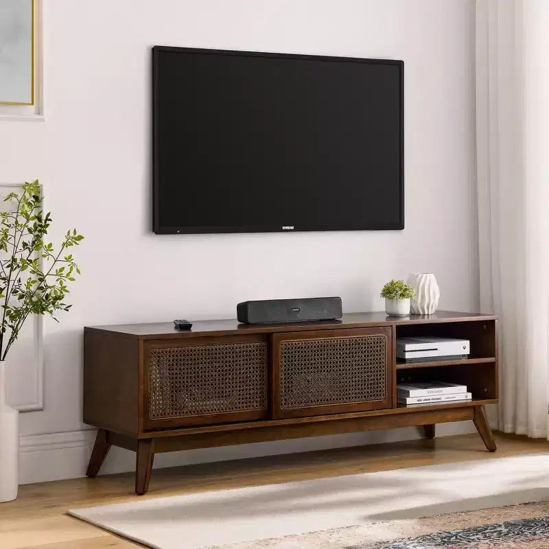 Mobile TV in Rattan Mid-Century Modern da 59 pollici per TV da 65 pollici, Mobile Console Multimediale con Gambe in Legno Massello e Ante in Rattan - Legno Scuro