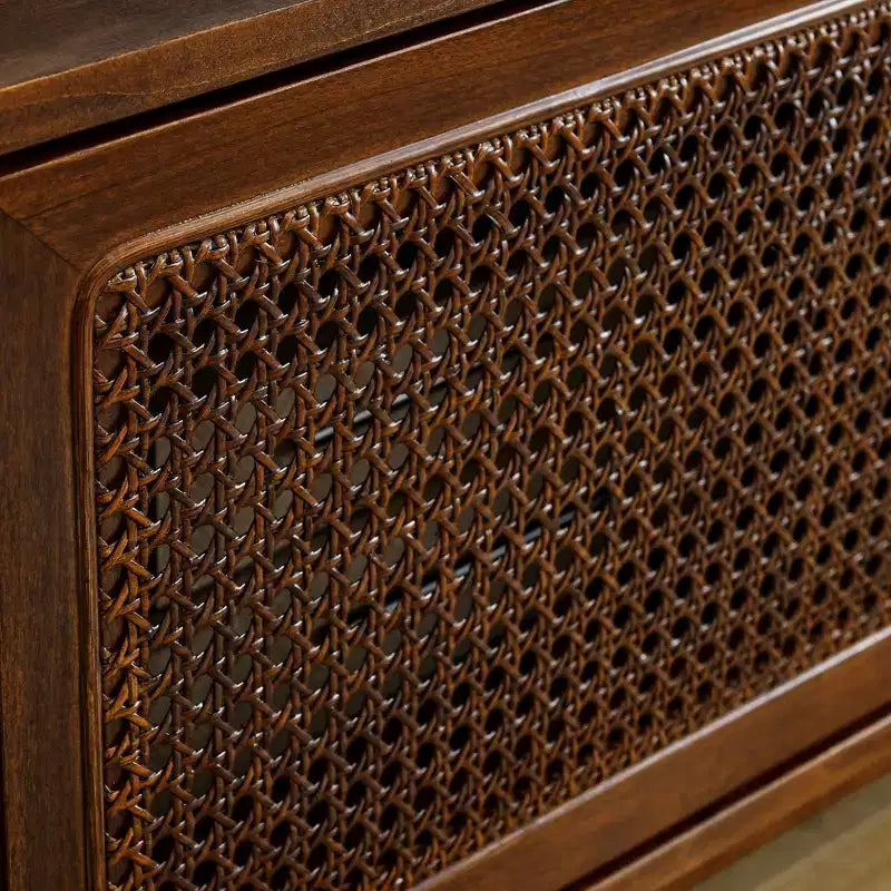 Mobile TV in Rattan Mid-Century Modern da 59 pollici per TV da 65 pollici, Mobile Console Multimediale con Gambe in Legno Massello e Ante in Rattan - Legno Scuro