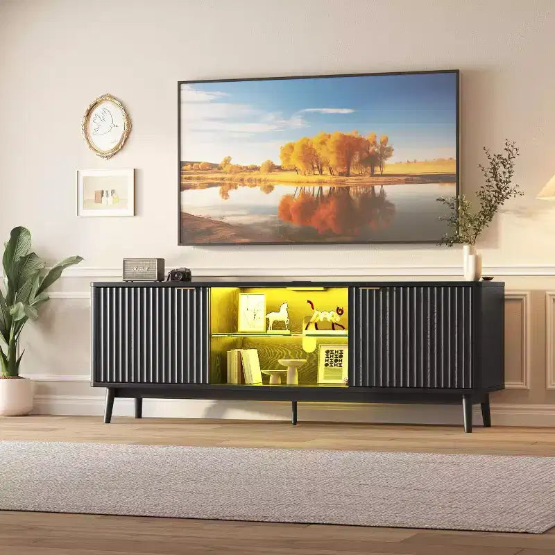 Mobile TV da 65'', centro d'intrattenimento con contenitore e ripiano regolabile, consolle TV per soggiorno, consolle multimediale moderna