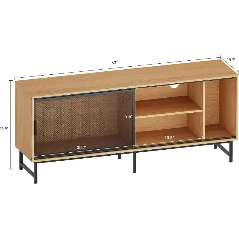 Mobile TV Industriale con Ante Scorrevoli in Rete Metallica, Credenza Moderna in Legno, Gambe in Metallo, Gestione Cavi, per Soggiorno