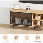 Mobile TV Industriale con Ante Scorrevoli in Rete Metallica, Credenza Moderna in Legno, Gambe in Metallo, Gestione Cavi, per Soggiorno