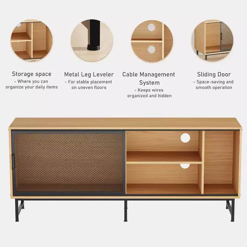 Mobile TV Industriale con Ante Scorrevoli in Rete Metallica, Credenza Moderna in Legno, Gambe in Metallo, Gestione Cavi, per Soggiorno