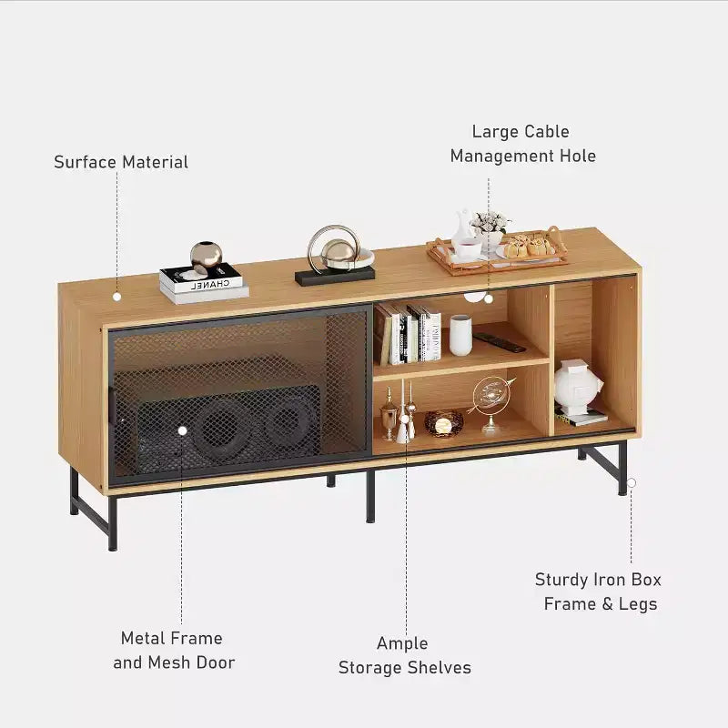 Mobile TV Industriale con Ante Scorrevoli in Rete Metallica, Credenza Moderna in Legno, Gambe in Metallo, Gestione Cavi, per Soggiorno