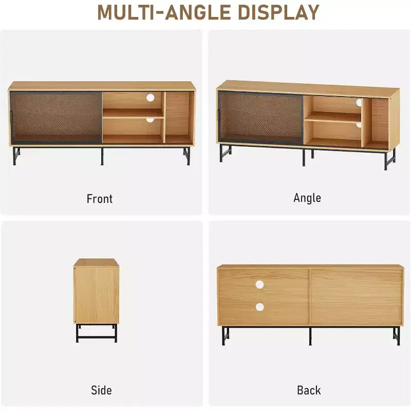 Mobile TV Industriale con Ante Scorrevoli in Rete Metallica, Credenza Moderna in Legno, Gambe in Metallo, Gestione Cavi, per Soggiorno