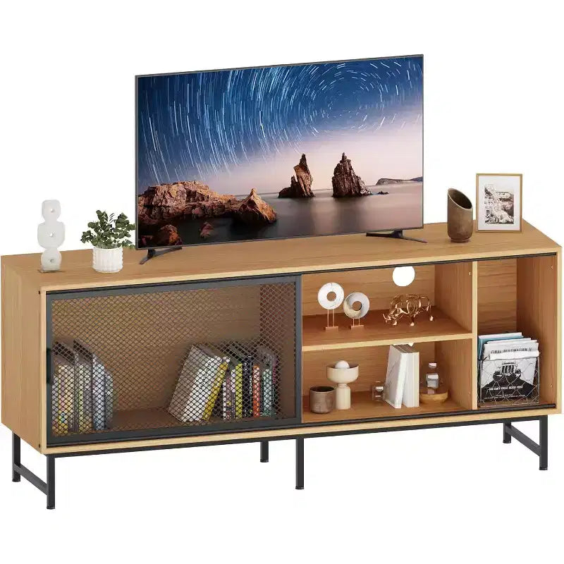 Mobile TV Industriale con Ante Scorrevoli in Rete Metallica, Credenza Moderna in Legno, Gambe in Metallo, Gestione Cavi, per Soggiorno