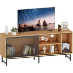 Mobile TV Industriale con Ante Scorrevoli in Rete Metallica, Credenza Moderna in Legno, Gambe in Metallo, Gestione Cavi, per Soggiorno