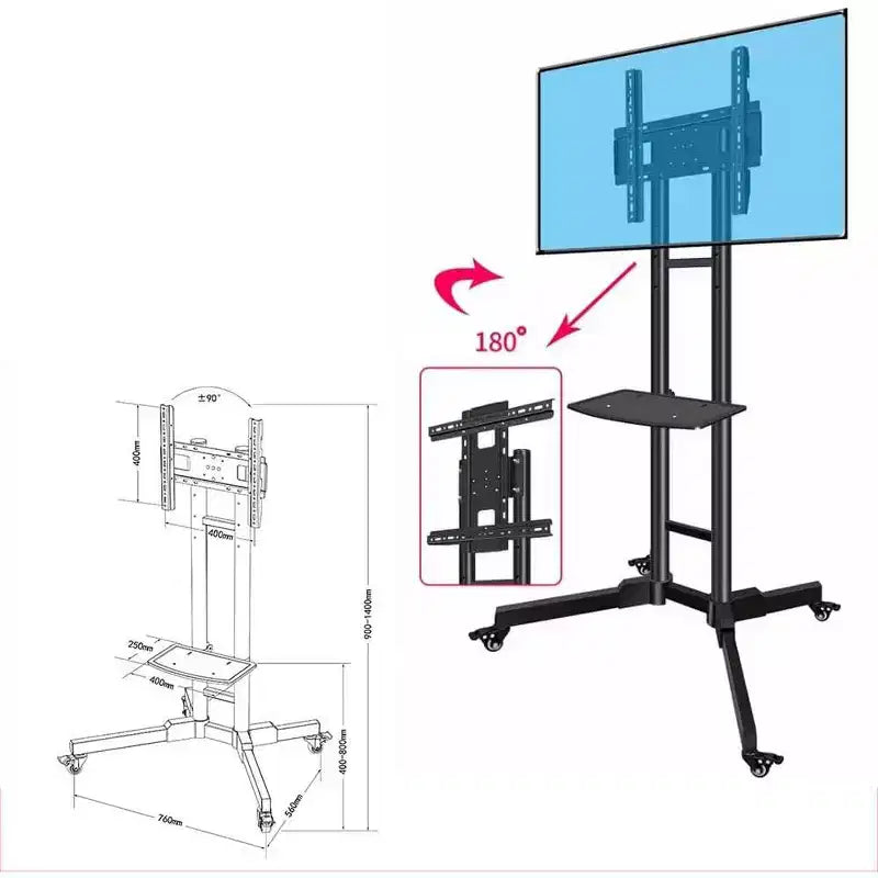 Carrello TV rotante per schermi da 32-65 pollici, supporto TV mobile regolabile con ruote, casa ufficio, nero