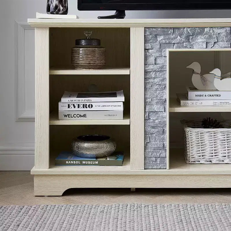 Mobile porta TV per televisori fino a 65 pollici, consolle multimediale stile rustico con cornice in finto travertino e ripiani aperti