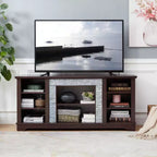 Mobile porta TV per televisori fino a 65 pollici, consolle multimediale stile rustico con cornice in finto travertino e ripiani aperti