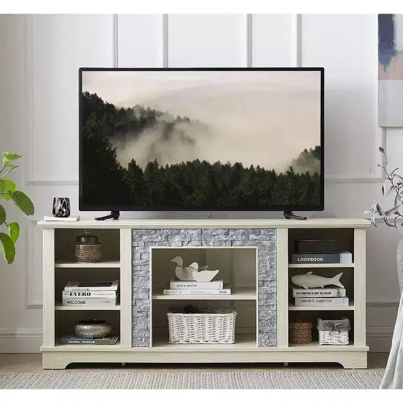 Mobile porta TV per televisori fino a 65 pollici, consolle multimediale stile rustico con cornice in finto travertino e ripiani aperti