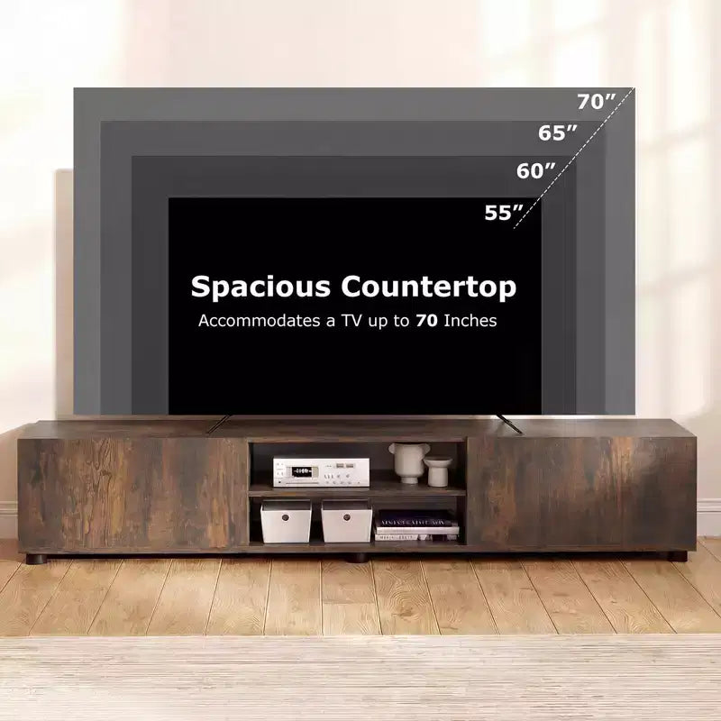 Mobile porta TV per televisori fino a 70 pollici, consolle multimediale con doppie ante e ripiani aperti Marrone rustico/Naturale/Bianco