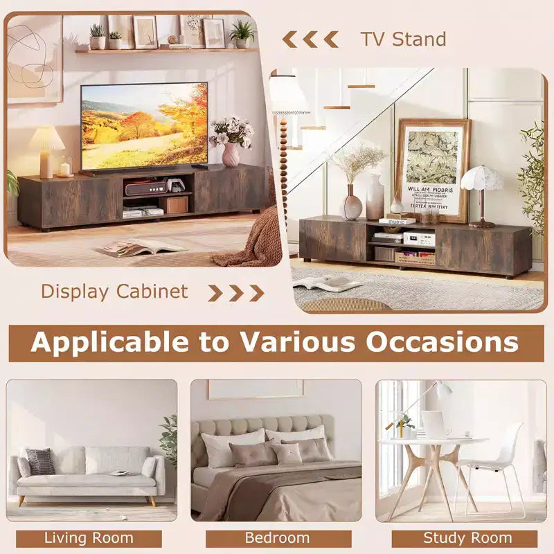 Mobile porta TV per televisori fino a 70 pollici, consolle multimediale con doppie ante e ripiani aperti Marrone rustico/Naturale/Bianco
