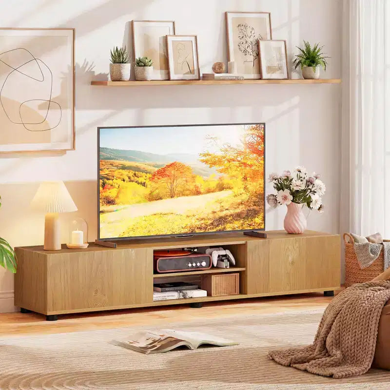 Mobile porta TV per televisori fino a 70 pollici, consolle multimediale con doppie ante e ripiani aperti Marrone rustico/Naturale/Bianco