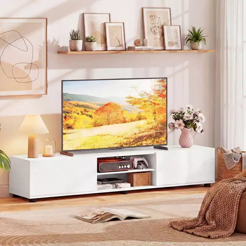 Mobile porta TV per televisori fino a 70 pollici, consolle multimediale con doppie ante e ripiani aperti Marrone rustico/Naturale/Bianco