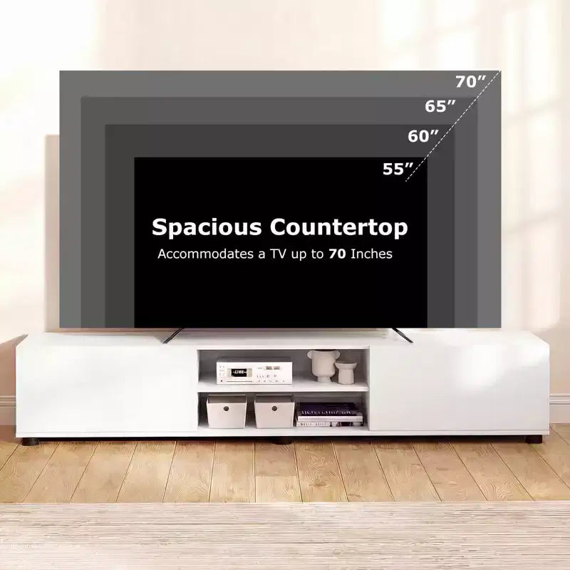 Mobile porta TV per televisori fino a 70 pollici, consolle multimediale con doppie ante e ripiani aperti Marrone rustico/Naturale/Bianco