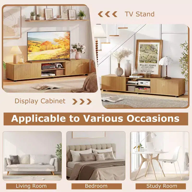 Mobile porta TV per televisori fino a 70 pollici, consolle multimediale con doppie ante e ripiani aperti Marrone rustico/Naturale/Bianco