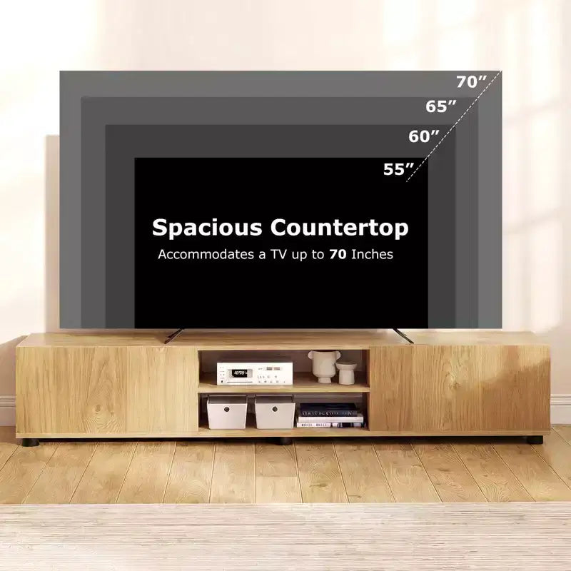 Mobile porta TV per televisori fino a 70 pollici, consolle multimediale con doppie ante e ripiani aperti Marrone rustico/Naturale/Bianco