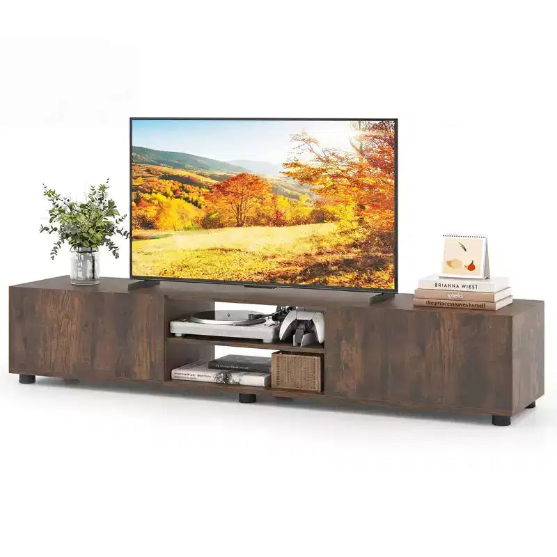 Mobile porta TV per televisori fino a 70 pollici, consolle multimediale con doppie ante e ripiani aperti Marrone rustico/Naturale/Bianco