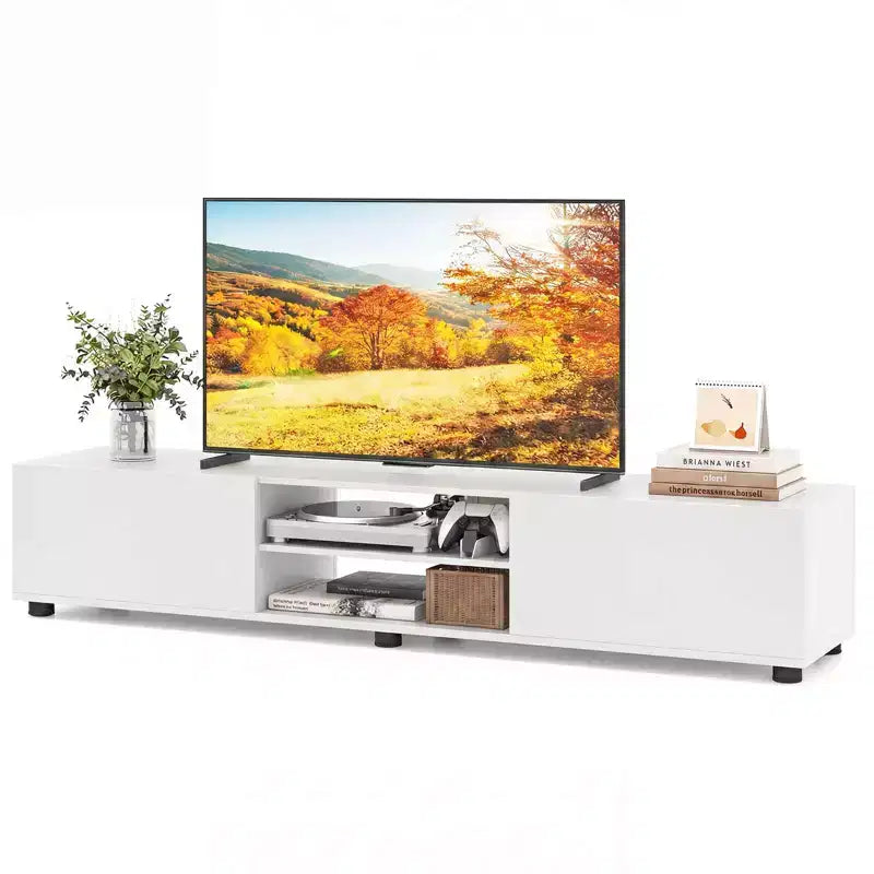 Mobile porta TV per televisori fino a 70 pollici, consolle multimediale con doppie ante e ripiani aperti Marrone rustico/Naturale/Bianco