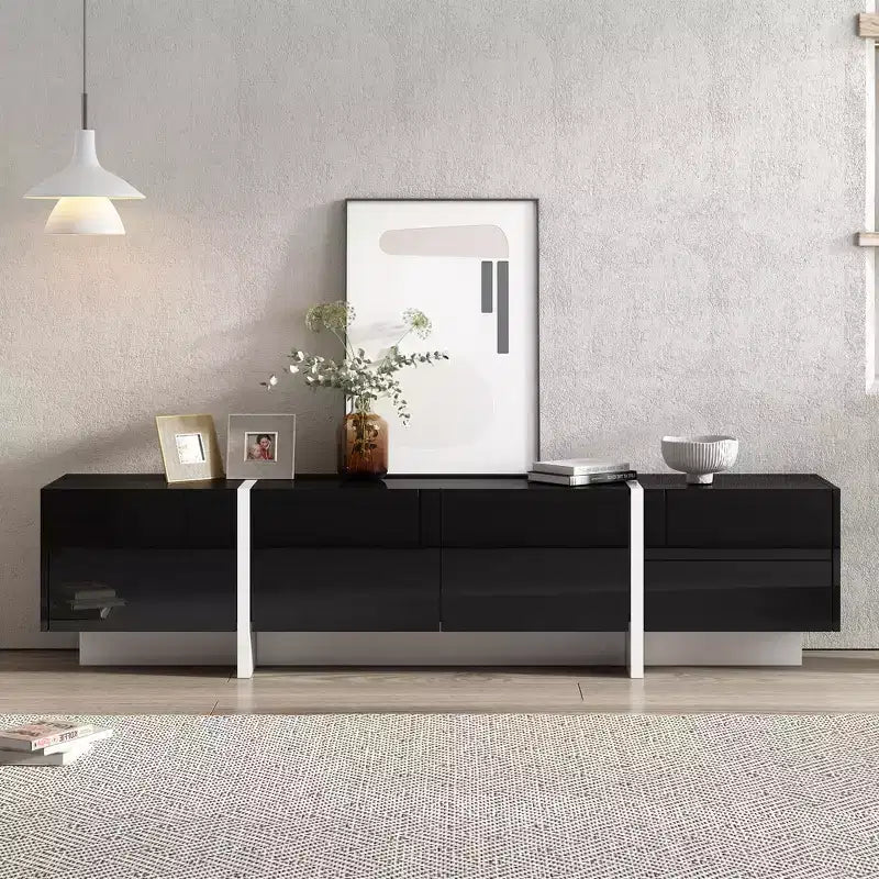 Mobile TV rettangolare moderno e minimalista bianco e nero, mobile TV dal design unico adatto per TV sotto gli 80 pollici, perfetto per i soggiorni