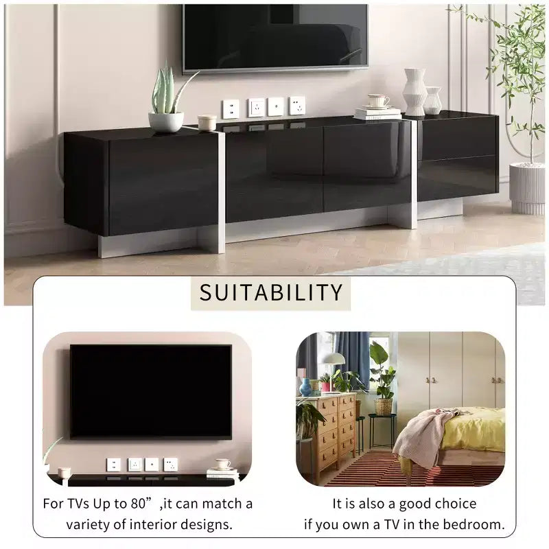 Mobile TV rettangolare moderno e minimalista bianco e nero, mobile TV dal design unico adatto per TV sotto gli 80 pollici, perfetto per i soggiorni