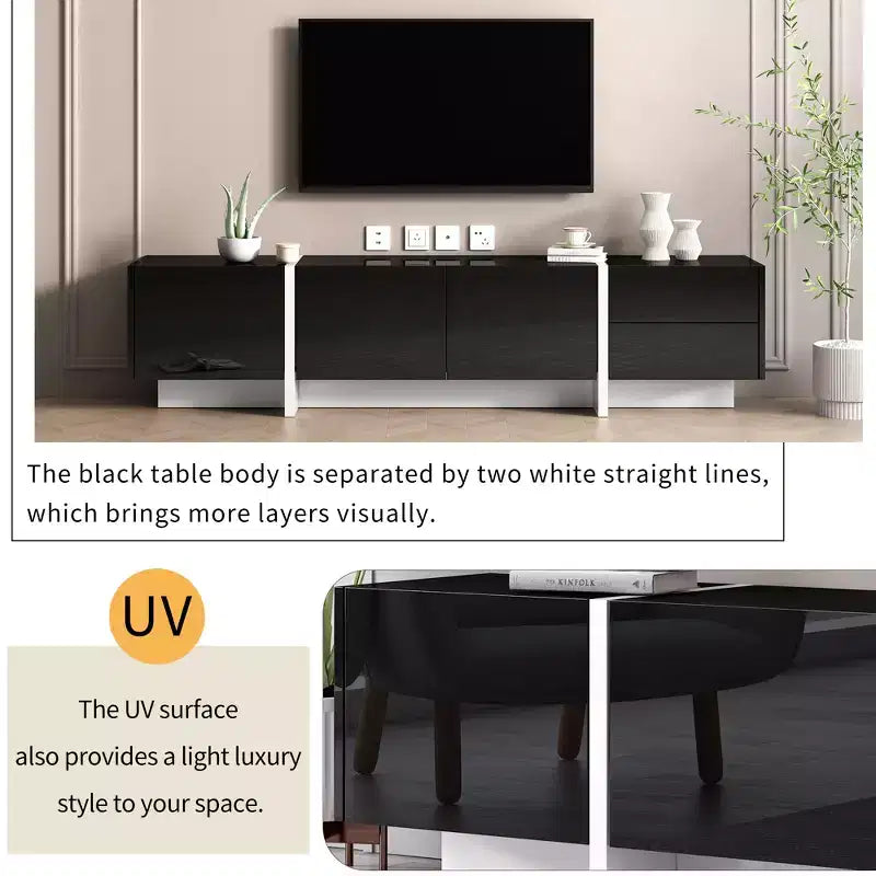 Mobile TV rettangolare moderno e minimalista bianco e nero, mobile TV dal design unico adatto per TV sotto gli 80 pollici, perfetto per i soggiorni