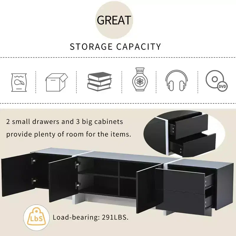 Mobile TV rettangolare moderno e minimalista bianco e nero, mobile TV dal design unico adatto per TV sotto gli 80 pollici, perfetto per i soggiorni