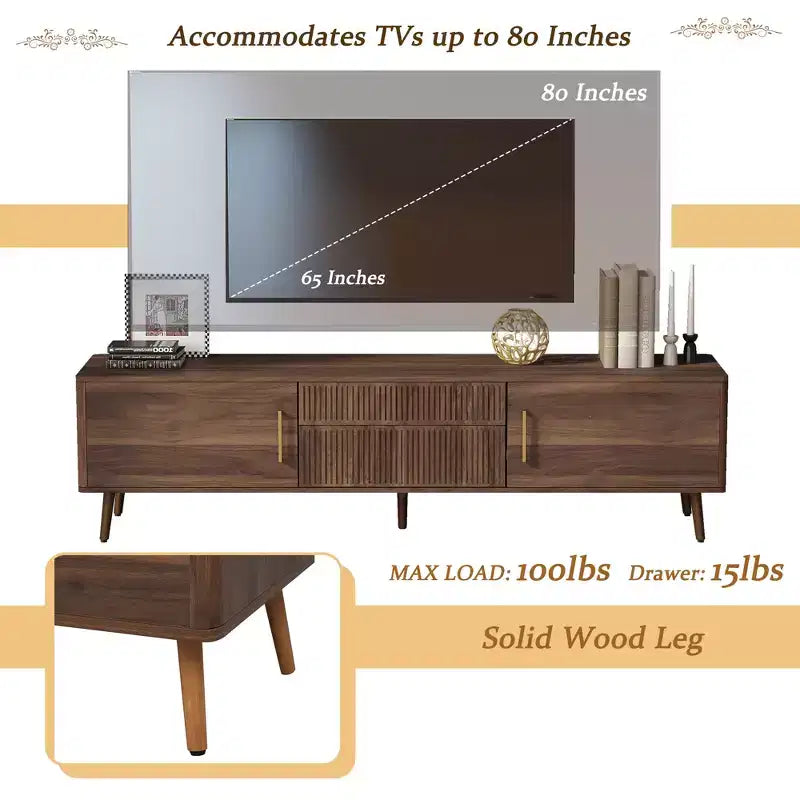 Mobile TV Mid-Century con 2 Cassetti, Tavolo Console Media per TV fino a 80'', Centro di Intrattenimento con Spazio di Archiviazione