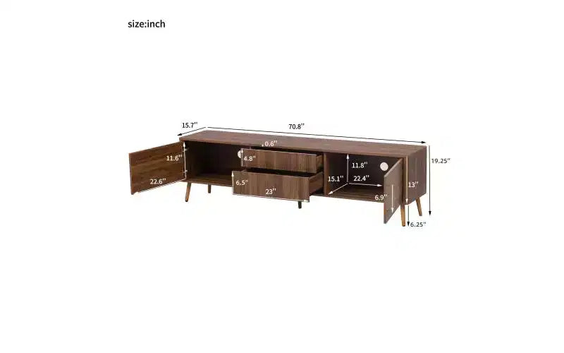 Mobile TV Mid-Century con 2 Cassetti, Tavolo Console Media per TV fino a 80'', Centro di Intrattenimento con Spazio di Archiviazione