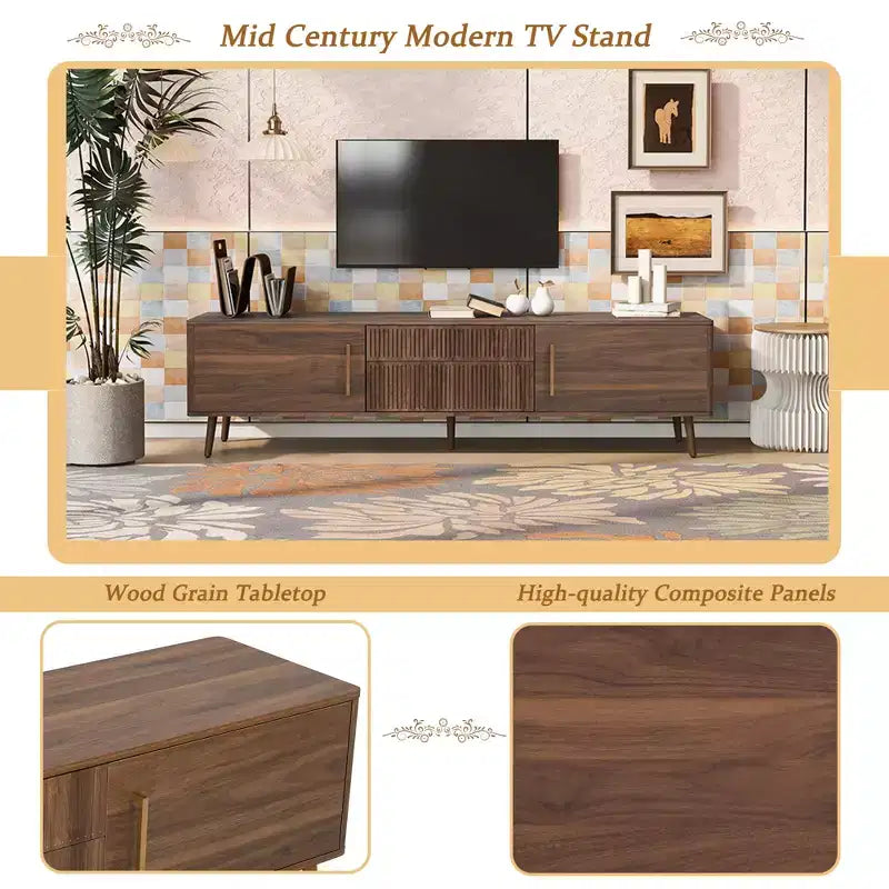Mobile TV Mid-Century con 2 Cassetti, Tavolo Console Media per TV fino a 80'', Centro di Intrattenimento con Spazio di Archiviazione
